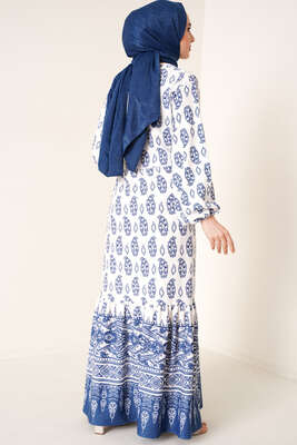 Yakası Bağlamalı Desenli Elbise İndigo - Tesettür Elbise