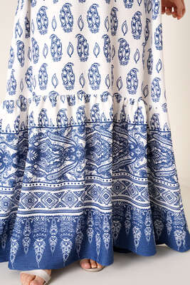 Yakası Bağlamalı Desenli Elbise İndigo - Tesettür Elbise