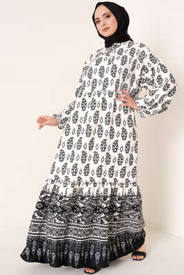 Yakası Bağlamalı Desenli Elbise Siyah 