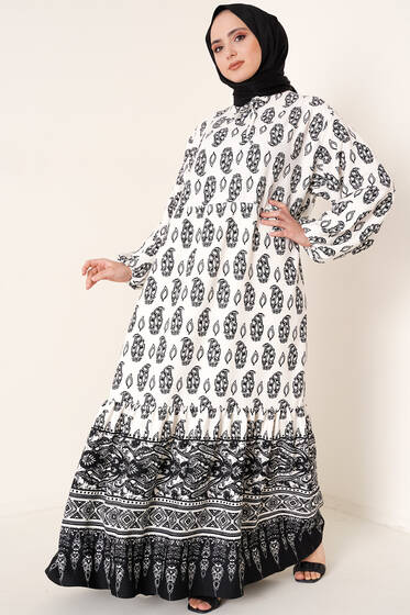 Yakası Bağlamalı Desenli Elbise Siyah - Tesettür Elbise