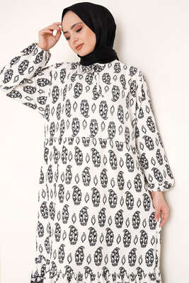 Yakası Bağlamalı Desenli Elbise Siyah - Tesettür Elbise