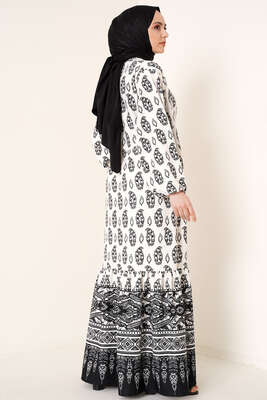 Yakası Bağlamalı Desenli Elbise Siyah - Tesettür Elbise