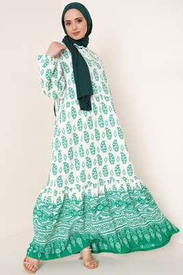 Yakası Bağlamalı Desenli Elbise Yeşil 