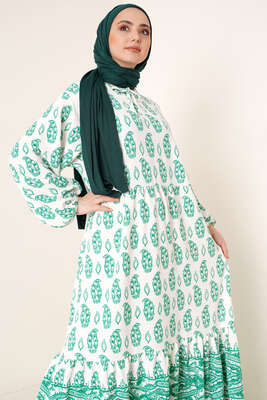 Yakası Bağlamalı Desenli Elbise Yeşil - Tesettür Elbise