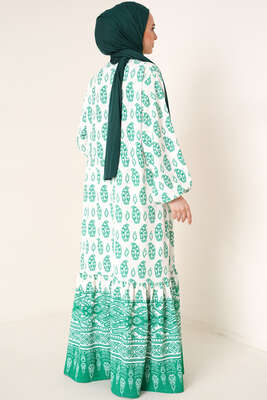Yakası Bağlamalı Desenli Elbise Yeşil - Tesettür Elbise