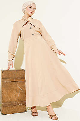 Yakası Bağlamalı Etekli İkili Takım Bej - HATUN