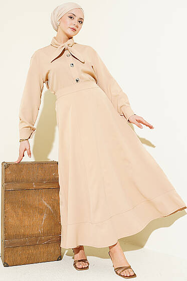 Yakası Bağlamalı Etekli İkili Takım Bej - İkili Takım