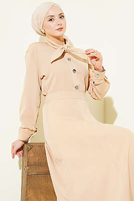 Yakası Bağlamalı Etekli İkili Takım Bej - İkili Takım
