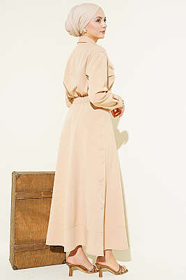 Yakası Bağlamalı Etekli İkili Takım Bej - İkili Takım