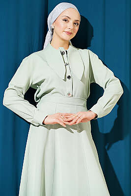 Yakası Bağlamalı Etekli İkili Takım Çağla Yeşili - HATUN