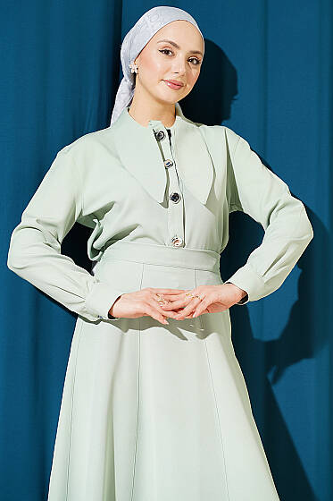 Yakası Bağlamalı Etekli İkili Takım Çağla Yeşili - İkili Takım