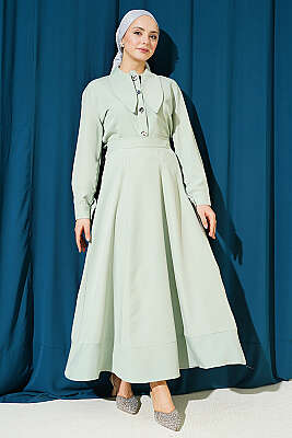 Yakası Bağlamalı Etekli İkili Takım Çağla Yeşili - İkili Takım