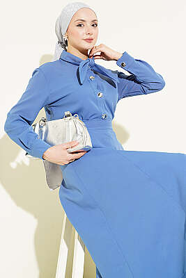 Yakası Bağlamalı Etekli İkili Takım İndigo - HATUN