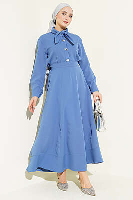 Yakası Bağlamalı Etekli İkili Takım İndigo - İkili Takım