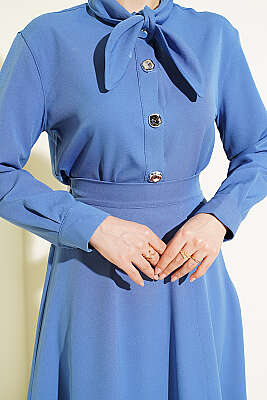 Yakası Bağlamalı Etekli İkili Takım İndigo - İkili Takım