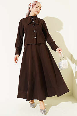 Yakası Bağlamalı Etekli İkili Takım Kahve - HATUN