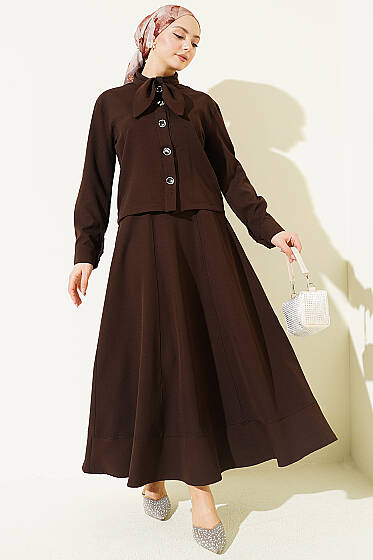 Yakası Bağlamalı Etekli İkili Takım Kahve - İkili Takım