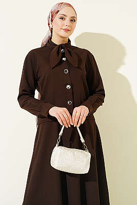 Yakası Bağlamalı Etekli İkili Takım Kahve - İkili Takım