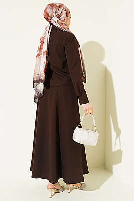 Yakası Bağlamalı Etekli İkili Takım Kahve - İkili Takım