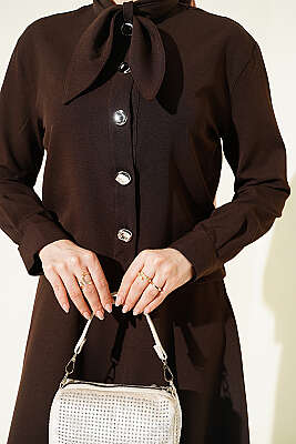 Yakası Bağlamalı Etekli İkili Takım Kahve - İkili Takım