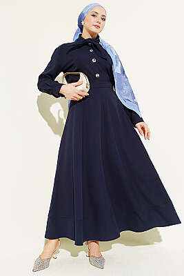 Yakası Bağlamalı Etekli İkili Takım Lacivert - HATUN