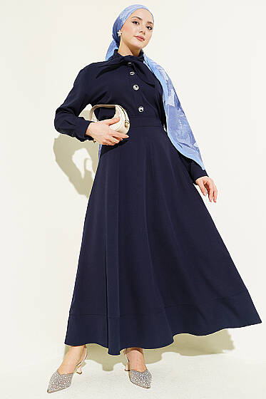 Yakası Bağlamalı Etekli İkili Takım Lacivert - İkili Takım