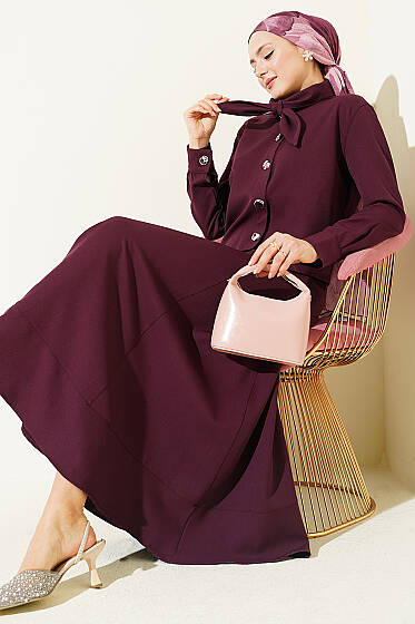 Yakası Bağlamalı Etekli İkili Takım Mürdüm - İkili Takım