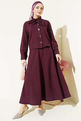 Yakası Bağlamalı Etekli İkili Takım Mürdüm - İkili Takım