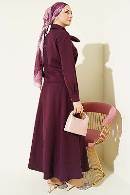 Yakası Bağlamalı Etekli İkili Takım Mürdüm - İkili Takım