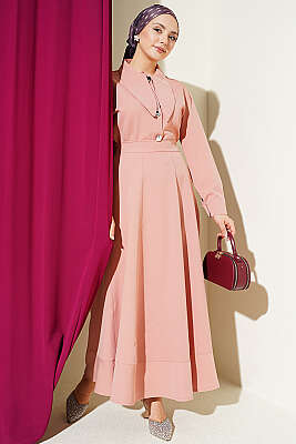 Yakası Bağlamalı Etekli İkili Takım Pudra - HATUN