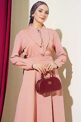 Yakası Bağlamalı Etekli İkili Takım Pudra - İkili Takım