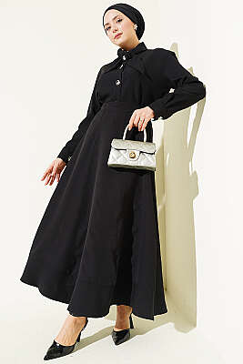 Yakası Bağlamalı Etekli İkili Takım Siyah - HATUN