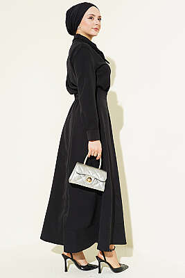 Yakası Bağlamalı Etekli İkili Takım Siyah - İkili Takım