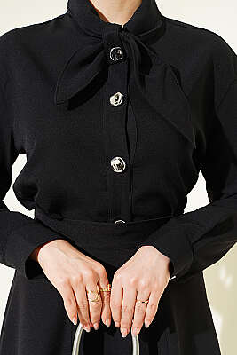 Yakası Bağlamalı Etekli İkili Takım Siyah - İkili Takım