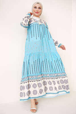 Yakası Bağlamalı Etnik Desenli Elbise Bebe Mavi - Thumbnail
