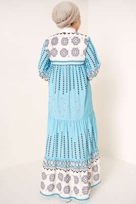 Yakası Bağlamalı Etnik Desenli Elbise Bebe Mavi - Thumbnail