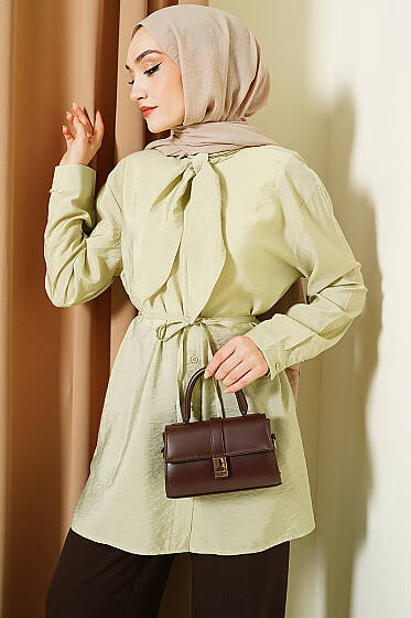 Yakası Bağlamalı Salaş Gömlek Çağla Yeşili - Gömlek