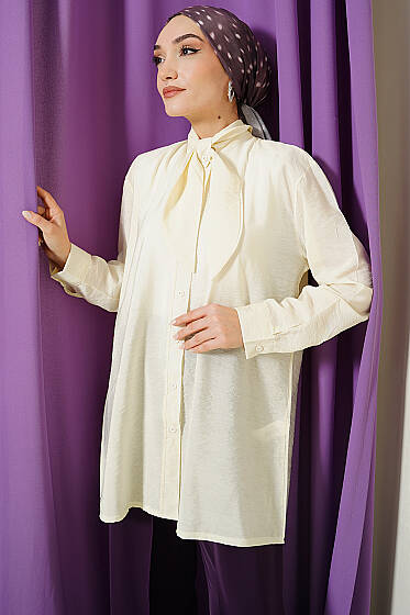 Yakası Bağlamalı Salaş Gömlek Krem - Gömlek