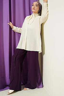 Yakası Bağlamalı Salaş Gömlek Krem - Gömlek