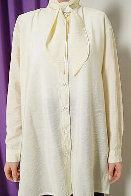 Yakası Bağlamalı Salaş Gömlek Krem - Gömlek