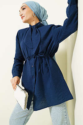 Yakası Bağlamalı Salaş Gömlek Lacivert - Gömlek