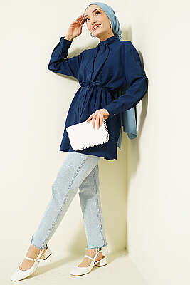 Yakası Bağlamalı Salaş Gömlek Lacivert - Gömlek