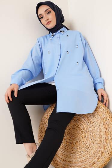 Yakası Boncuklu Taşlı Gömlek Bebe Mavi - Gömlek