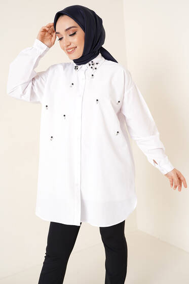 Yakası Boncuklu Taşlı Gömlek Beyaz - Gömlek