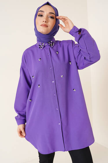 Yakası Boncuklu Taşlı Gömlek Lila - Gömlek