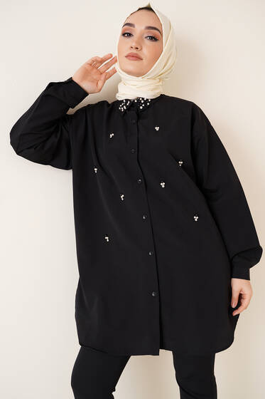Yakası Boncuklu Taşlı Gömlek Siyah - Gömlek