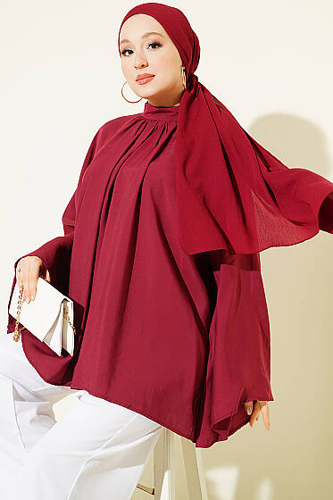 Yakası Büzgü Detaylı Tunik Bordo - Tunik