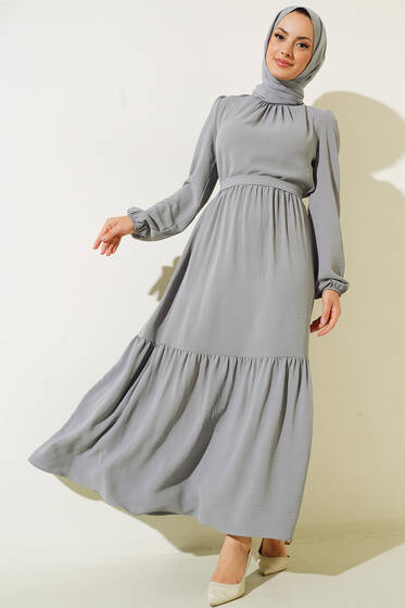 Yakası Büzgülü Ayrobin Elbise Gri - Tesettür Elbise