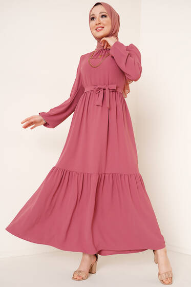 Yakası Büzgülü Ayrobin Elbise Gül Kurusu - Tesettür Elbise