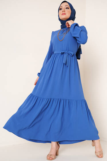 Yakası Büzgülü Ayrobin Elbise İndigo - Tesettür Elbise